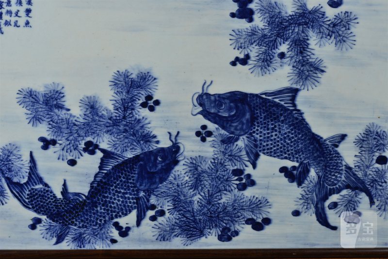 清中期 青花鱼藻纹瓷板插屏 - 图4